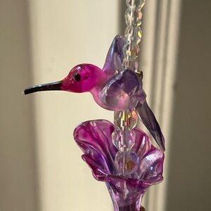 Pink & Purple Hummingbird Necklace & Earrings Blown Glass Beads Jewelry Set